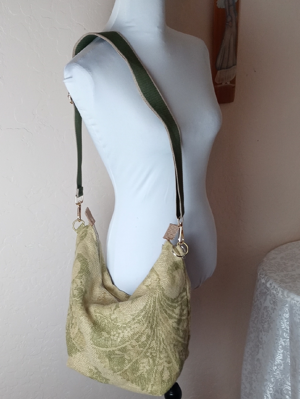 NWOT Handmade Green Floral Hobo Bag with Adjustable Strap